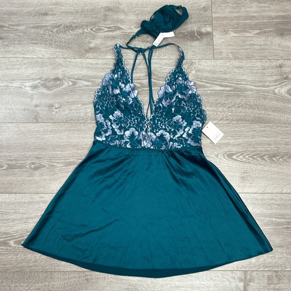 NWT Auden Halter Teal Satin Lace Strappy Back Babydoll Nightie and Thong Panty S - Picture 3 of 15